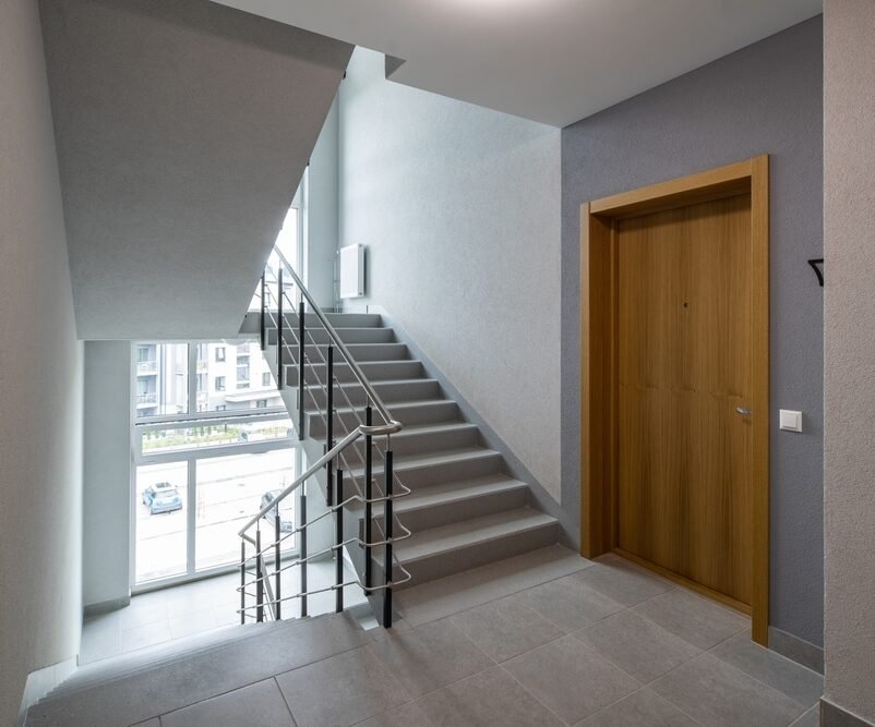 Modern,Interior,Of,New,Entrance,In,Residential,Building.,Wooden,Door