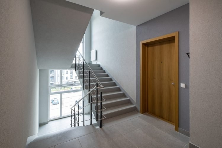 Modern,Interior,Of,New,Entrance,In,Residential,Building.,Wooden,Door